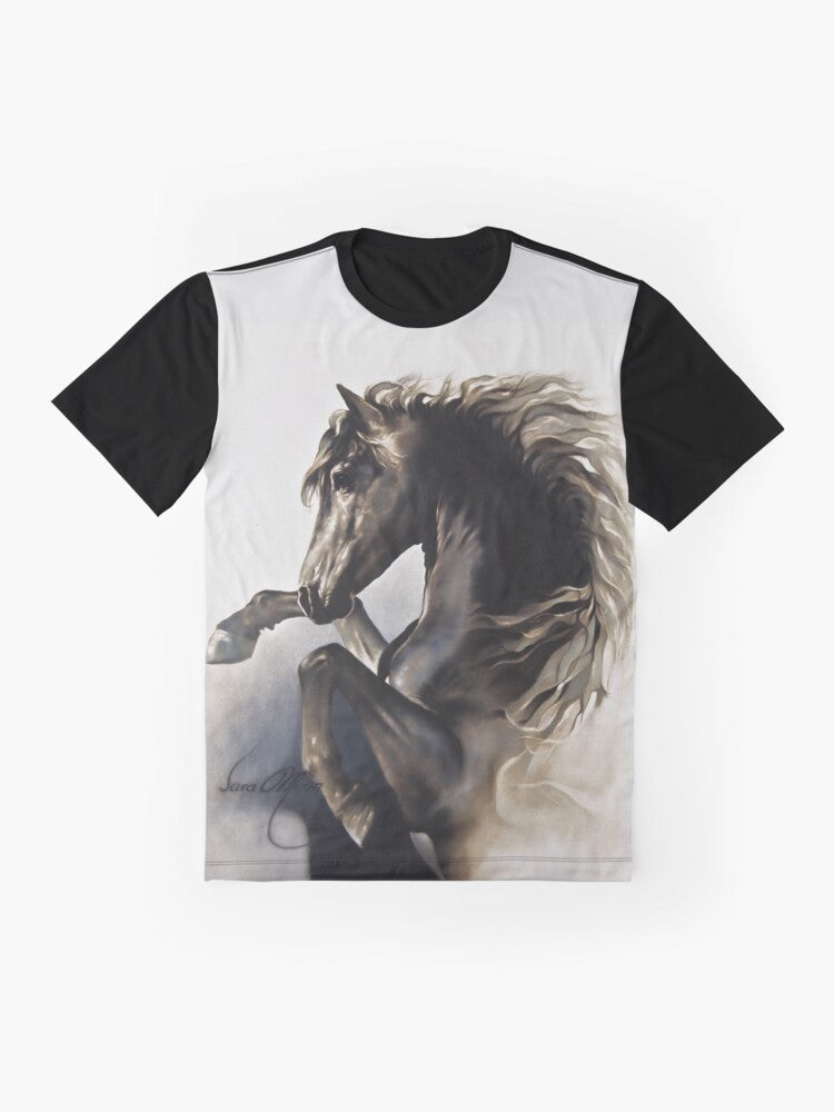 A majestic black stallion rearing up in a powerful graphic design on a black t-shirt. - Flat lay