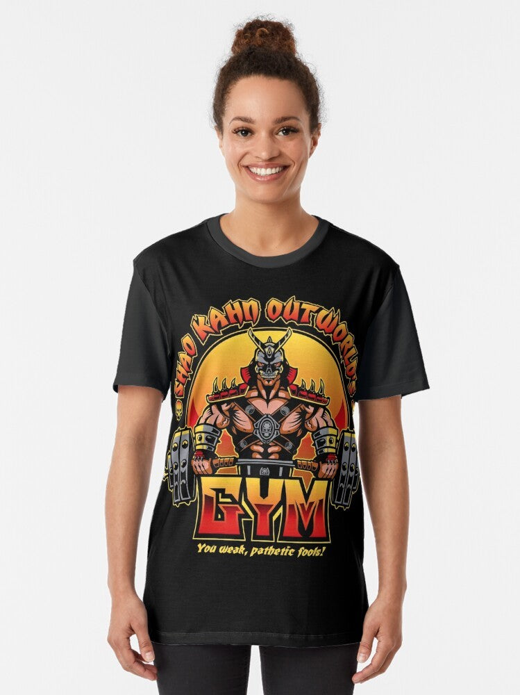 Mortal Kombat Shao Kahn graphic design on a gray t-shirt for fitness and gym enthusiasts. - Women