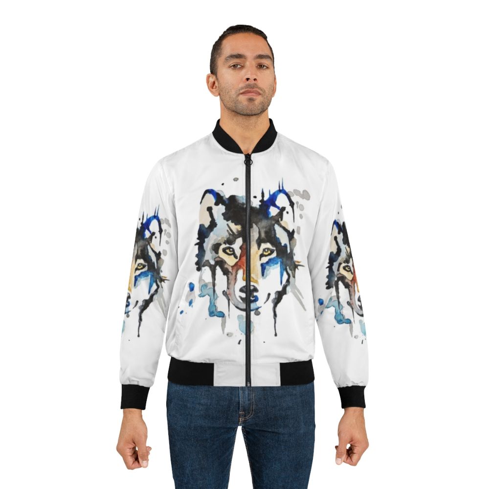 Watercolor wolf design on a bomber jacket with abstract realism style - Lifestyle