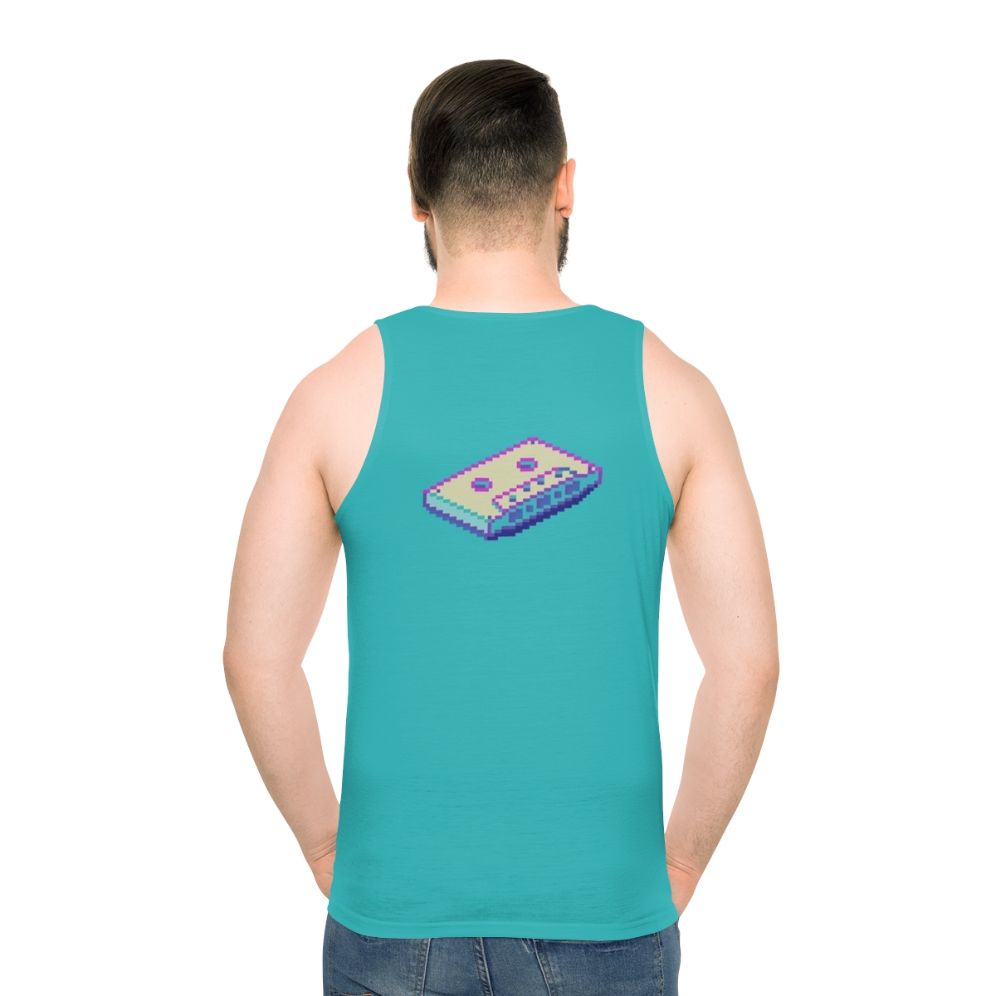 Retro vaporwave cassette unisex tank top with pixel art design - men back