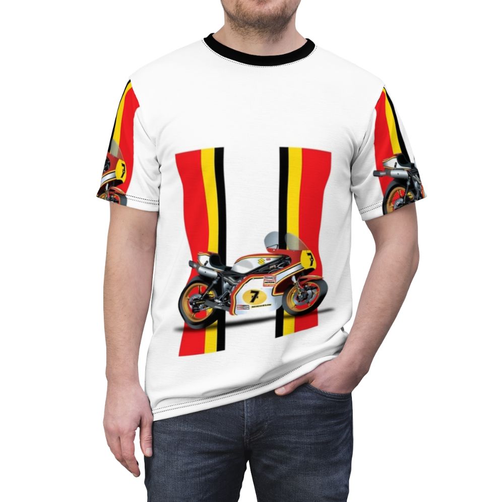 Vintage-style graphic t-shirt featuring Barry Sheene, the legendary motorcycle racer - men front