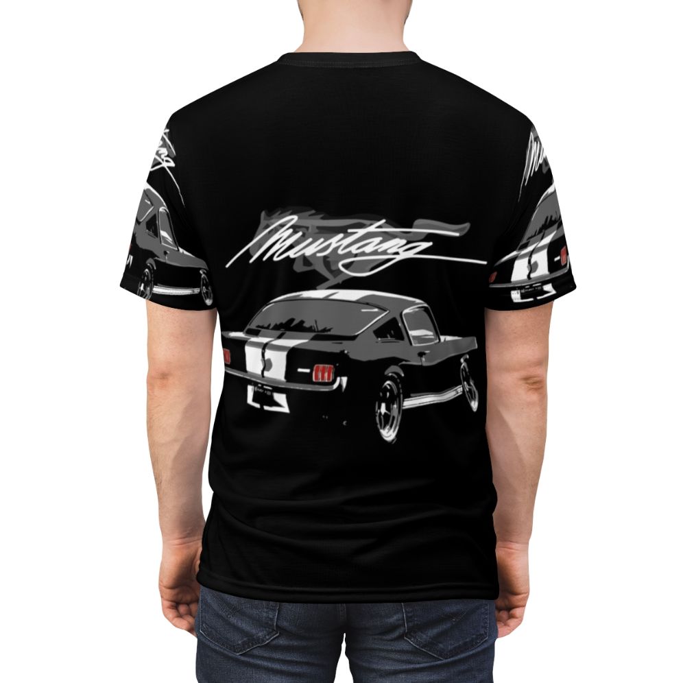 Stylized 1965 Ford Mustang Fastback muscle car graphic on a t-shirt - men back