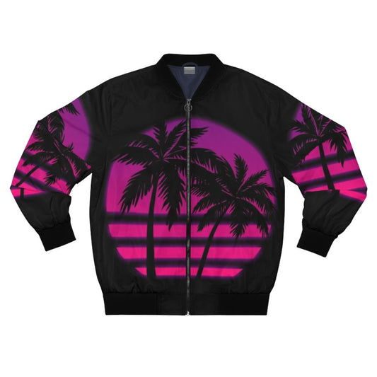 Synthwave-inspired Miami Wave Bomber Jacket with palm trees, sunset, and neon design