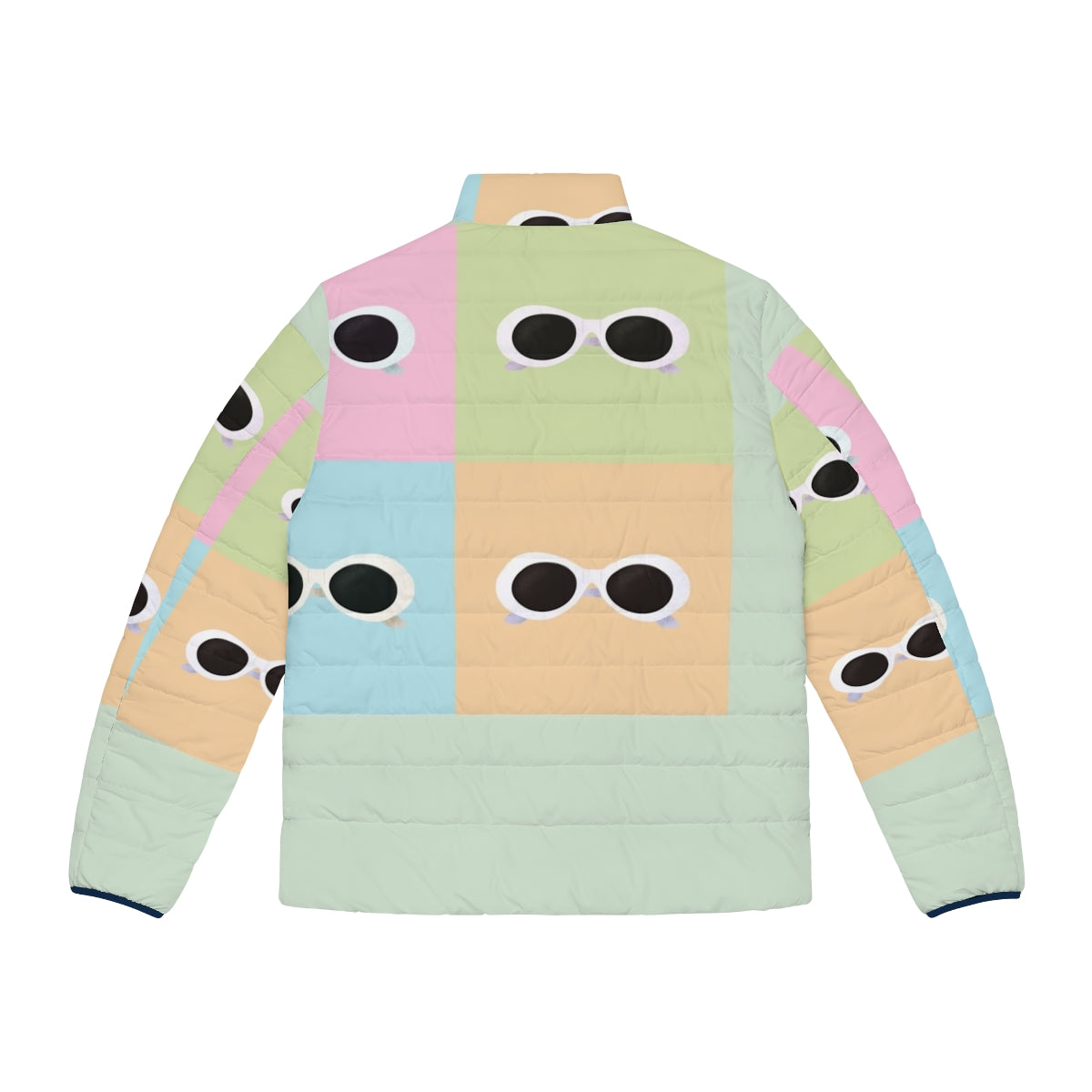 David Rose inspired pop art puffer jacket featuring pastel rainbow colors and Schitt's Creek graphics - Back