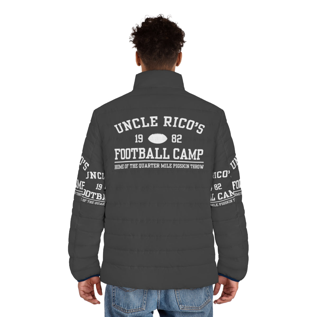 Uncle Rico's Football Camp Puffer Jacket with Napoleon Dynamite inspired design - men back