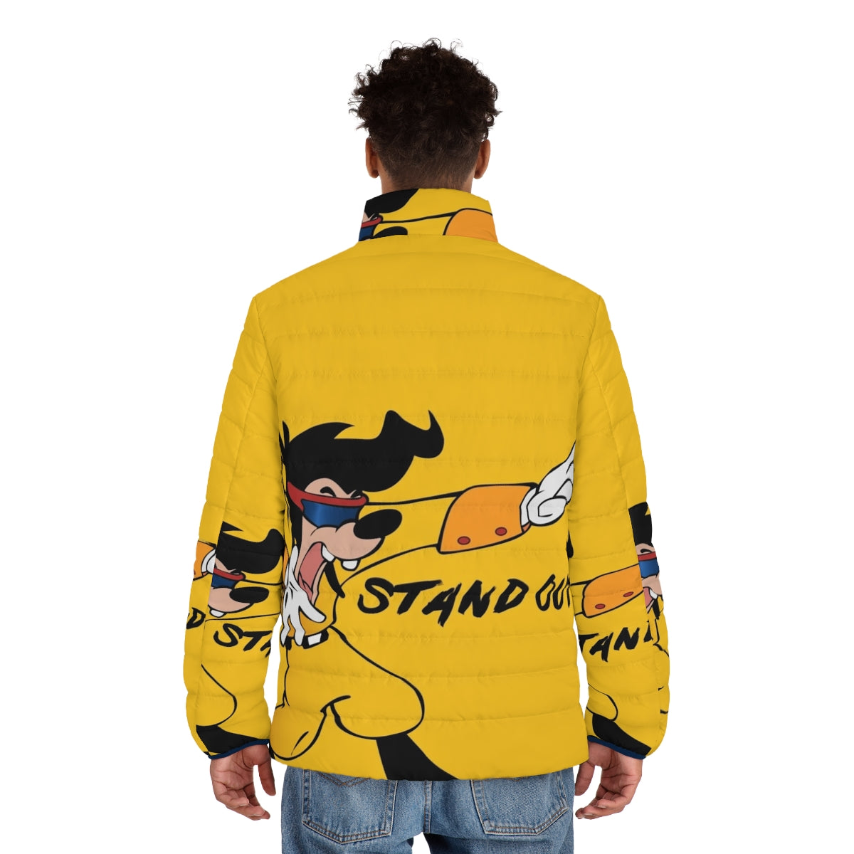 Vibrant and eye-catching "Stand Out" puffer jacket inspired by 90s cartoons and movies - men back