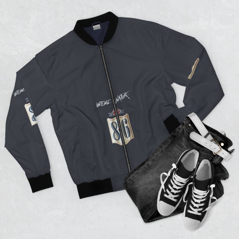 Bavaria Beer 8.6 Bomber Jacket with focus on the beer, bavaria, and bomber jacket - Flat lay