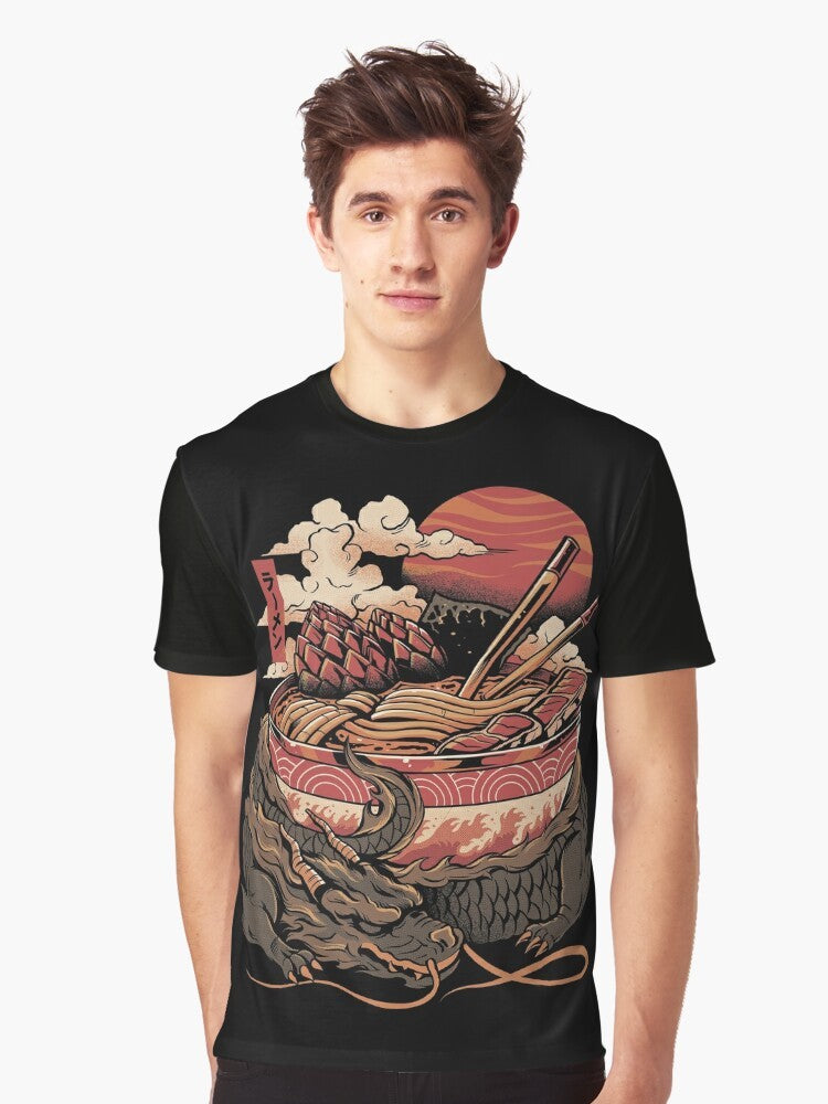 A graphic t-shirt featuring a dragon-inspired ramen bowl design, with Japanese kanji and a fiery, mythical creature. - Men