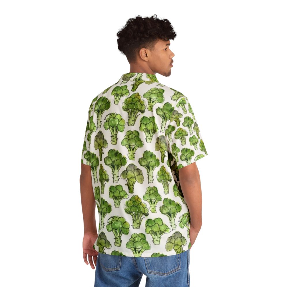 Watercolor broccoli pattern on a vibrant green Hawaiian shirt - People Back