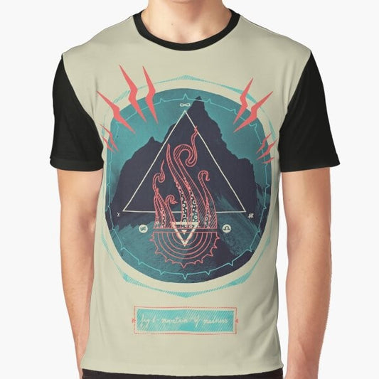 Graphic t-shirt featuring a Lovecraftian inspired mountain of madness design with lightning bolts, tentacles, and occult symbols.