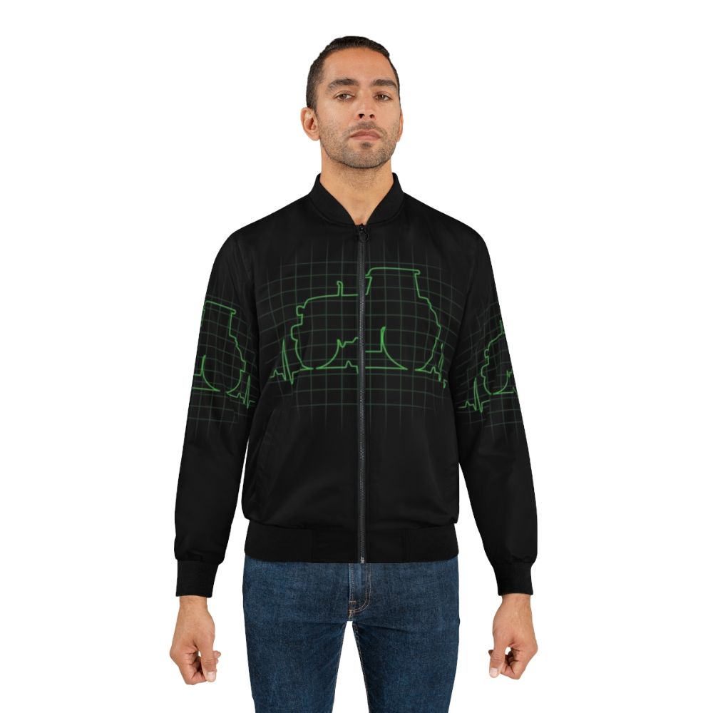 A bomber jacket with a tractor heartbeat design, perfect for farmers and tractor enthusiasts. - Lifestyle