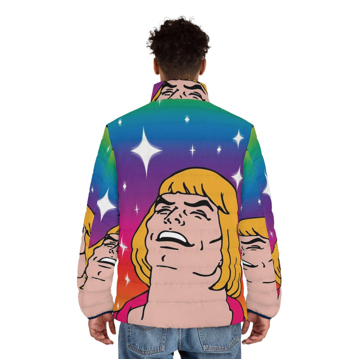 Retro "What's Going On?" He-Man inspired puffer jacket with colorful 80s design - men back