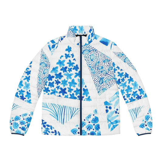 Blue and black puffer jacket with rapper merchandise design