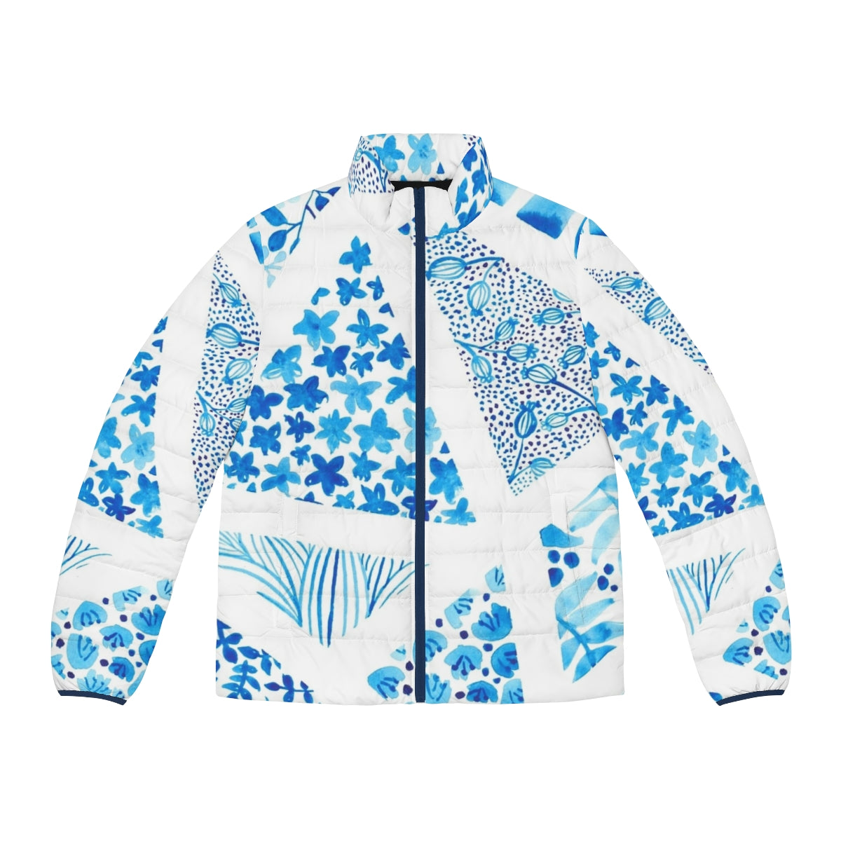 Blue abstract pattern puffer jacket with geopatterning and nature-inspired design