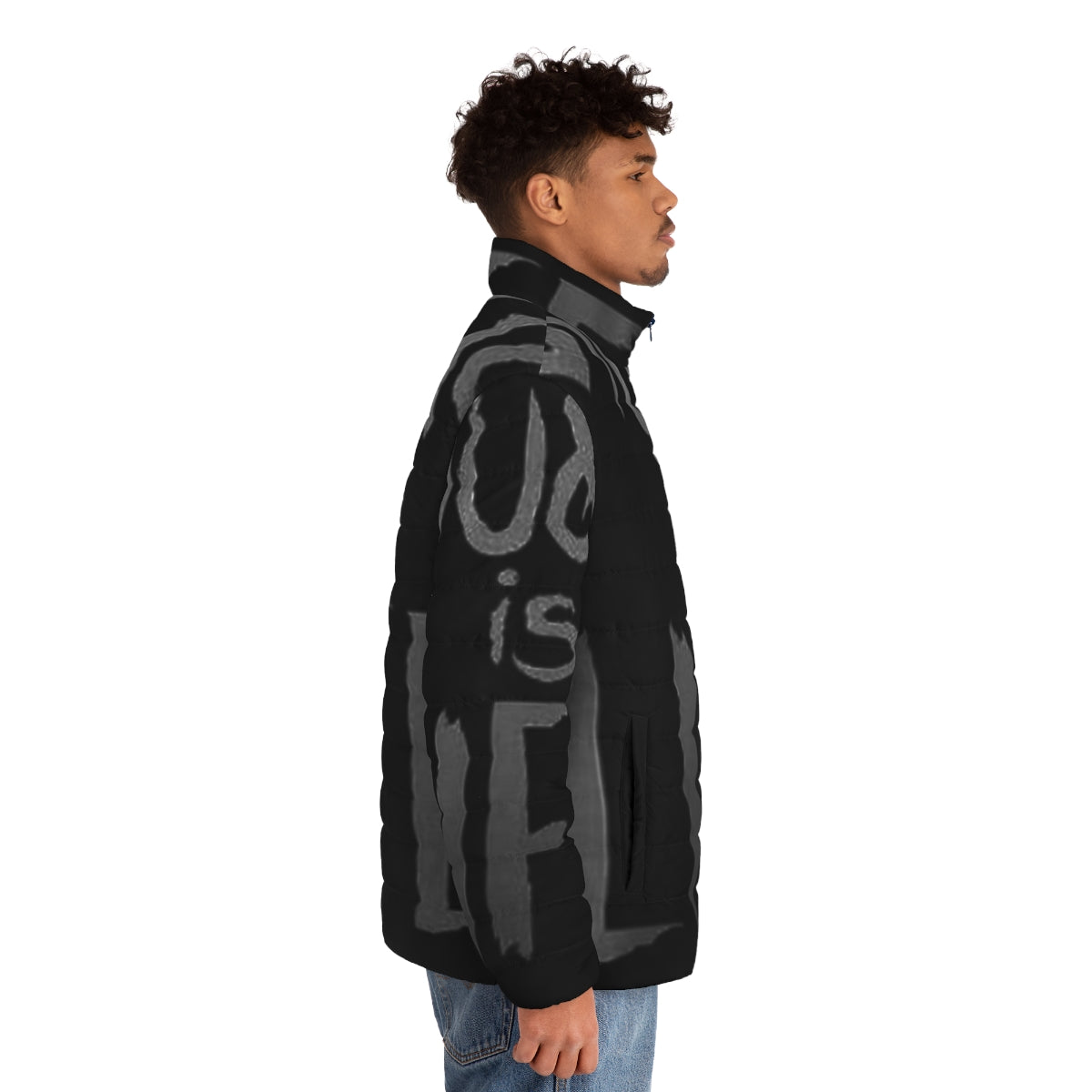 Person wearing music-themed puffer jacket - men side right