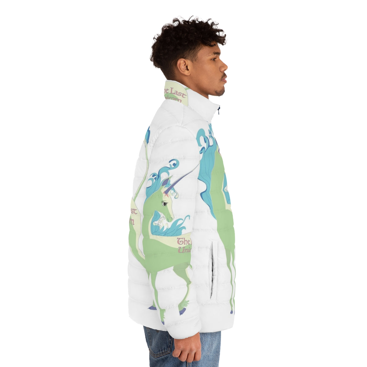 A green puffer jacket with a unicorn design, perfect for fantasy enthusiasts. - men side right