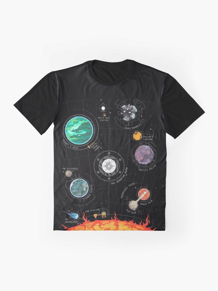 Outer Wilds space system graphic t-shirt featuring planets, moons, and celestial bodies from the Outer Wilds video game universe - Flat lay