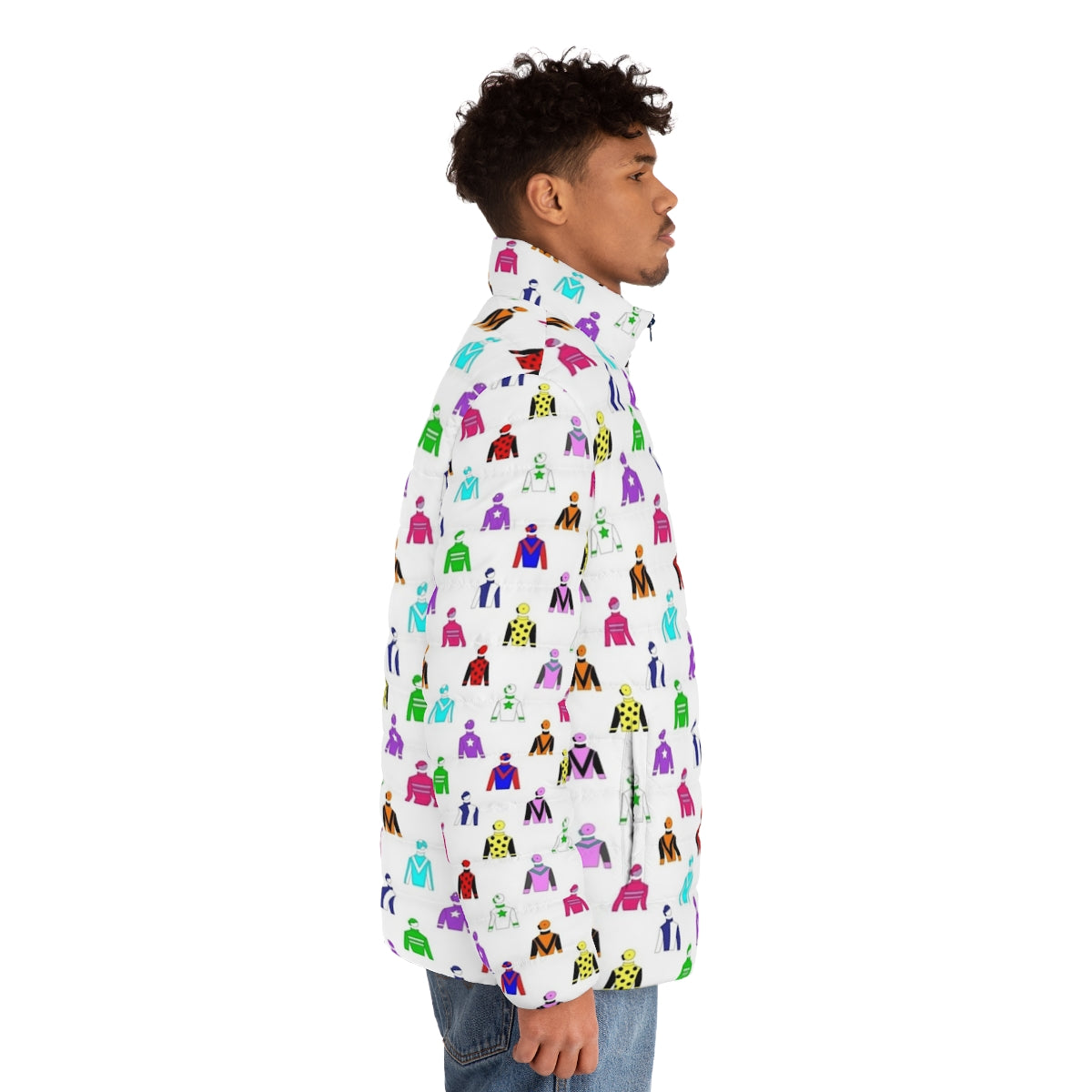 Colourful horse racing jockey silks puffer jacket - men side right