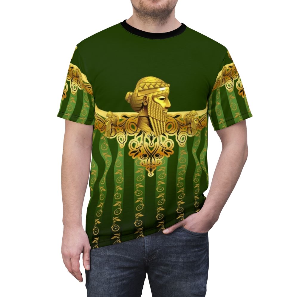 T-shirt design featuring an illustration of Assyrian King Sargon II, a prominent ruler of the Neo-Assyrian Empire. - men front