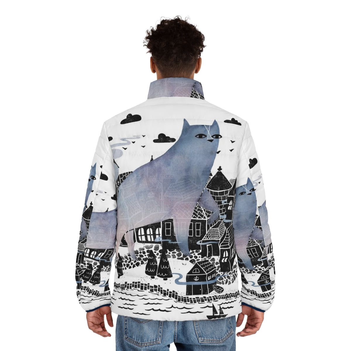 A cozy puffer jacket in a foggy, watercolor-inspired landscape design - men back