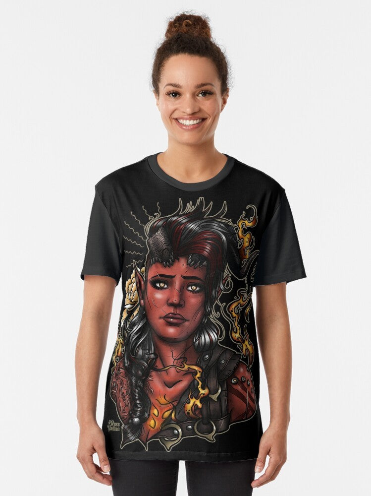 Karlach Demon Graphic T-Shirt featuring a rose demon character from Baldurs Gate 3 video game - Women