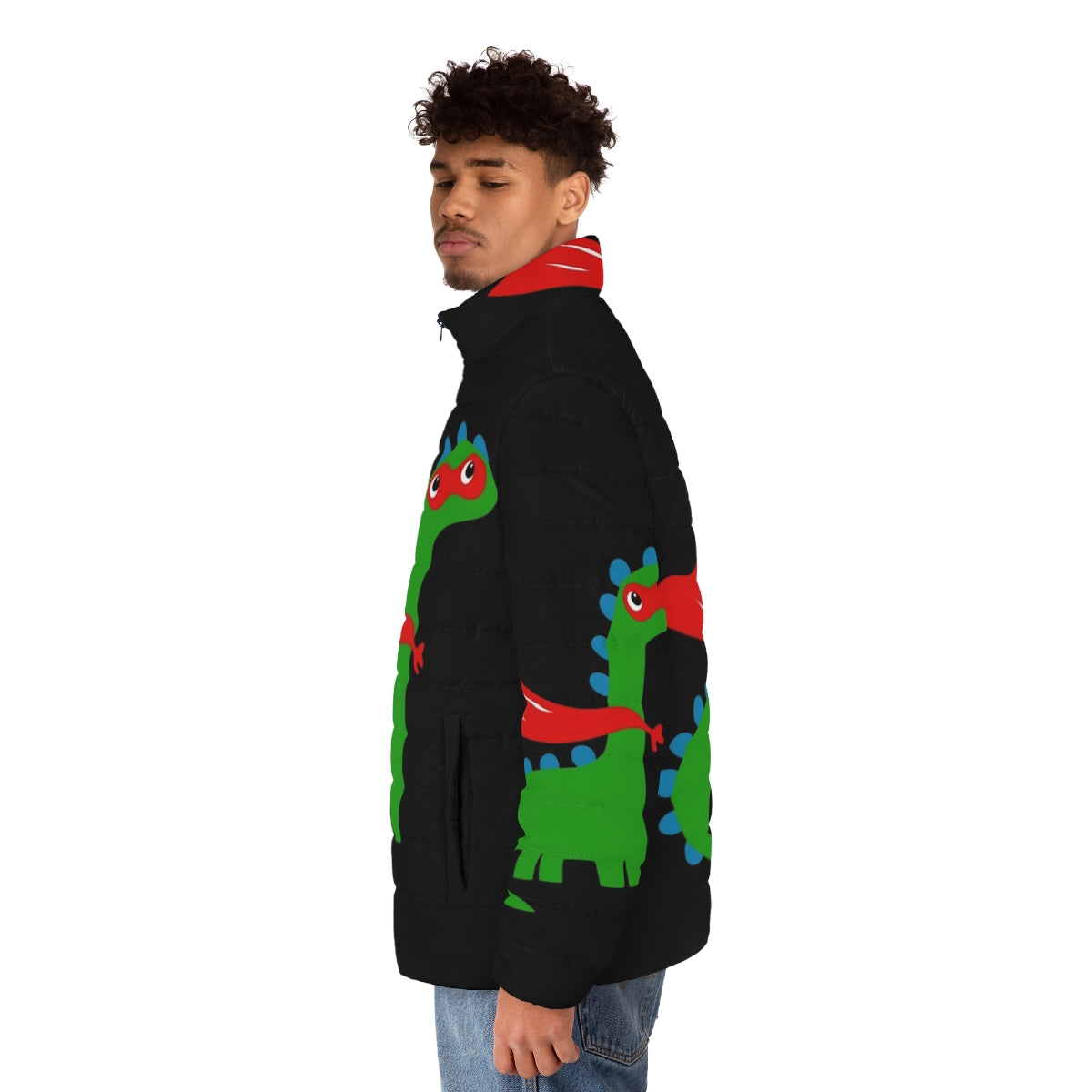 Kid wearing a colorful dinosaur superhero puffer jacket - men side left