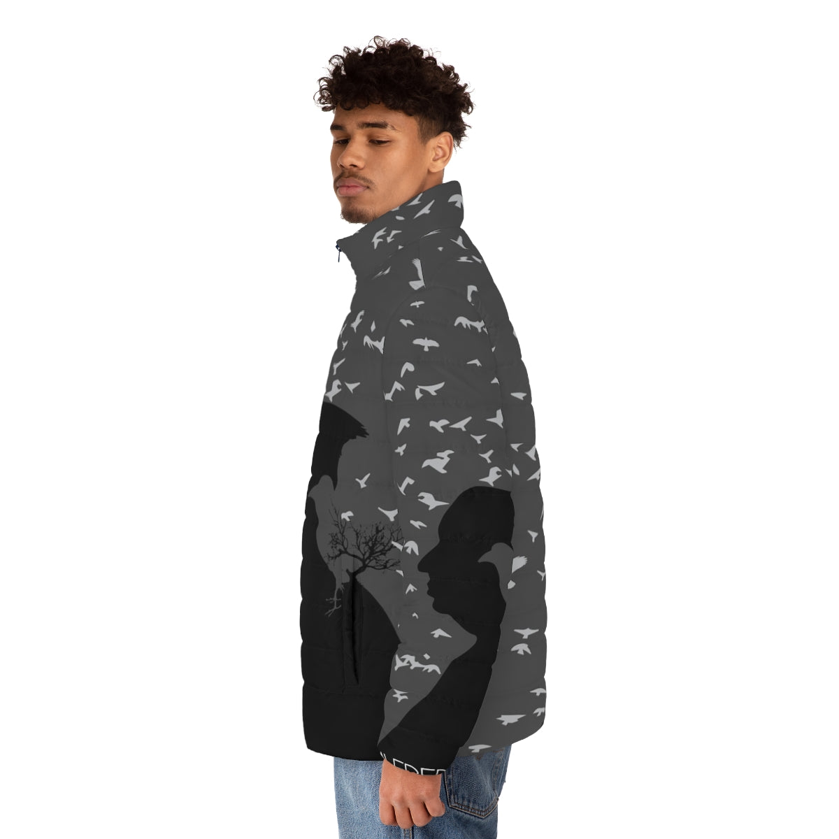 Alfred Hitchcock inspired The Birds puffer jacket with black and white imagery - men side left