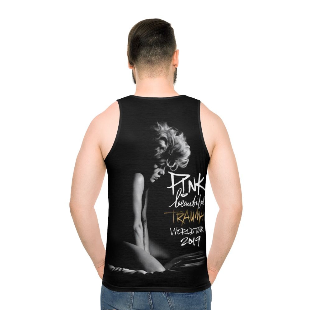 Unisex pink tank top with music and trauma recovery design - men back