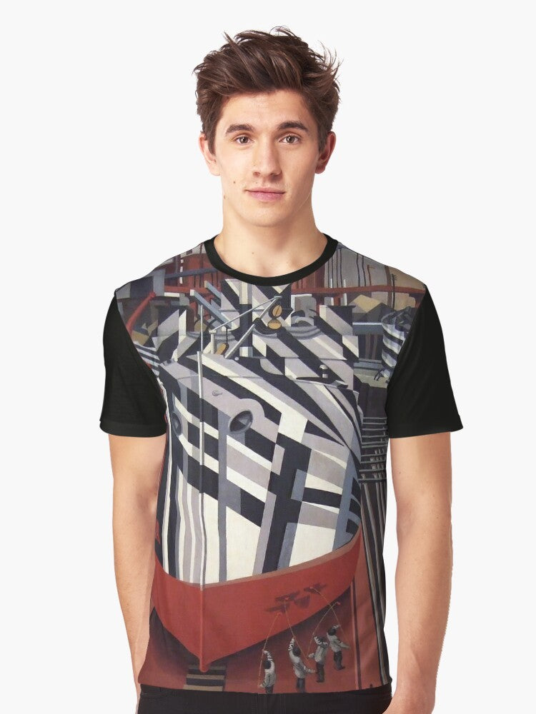 Graphic t-shirt featuring the surrealist masterpiece "Dazzle Ships in Drydock at Liverpool" by the famous artist Edward Wadsworth. - Men