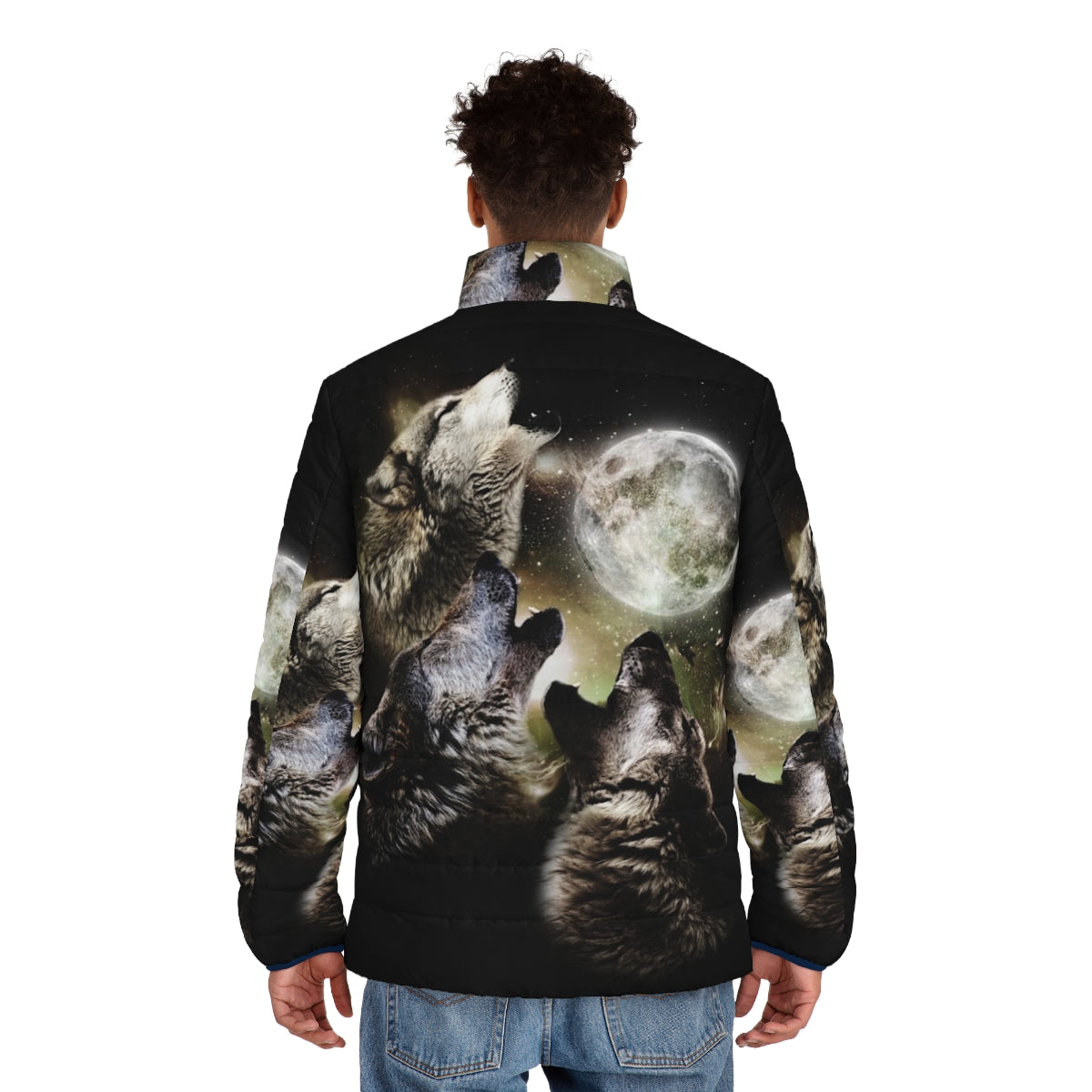 Three wolves howling at the full moon puffer jacket design - men back