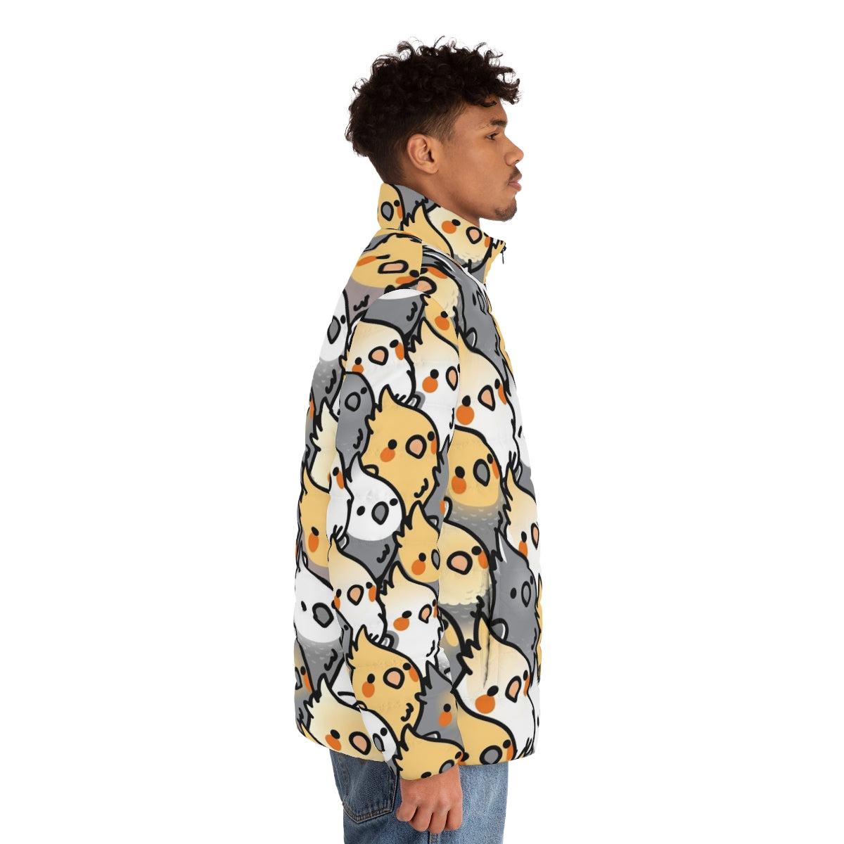 Colorful cockatiel puffer jacket with a fun party pattern - men side right