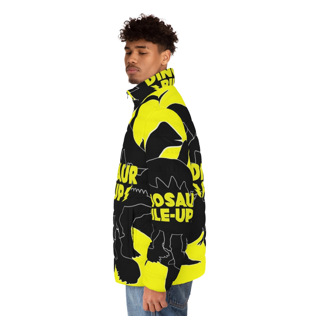 Dinosaur Pile Up Puffer Jacket featuring a dinosaur design for indie music fans - men side left