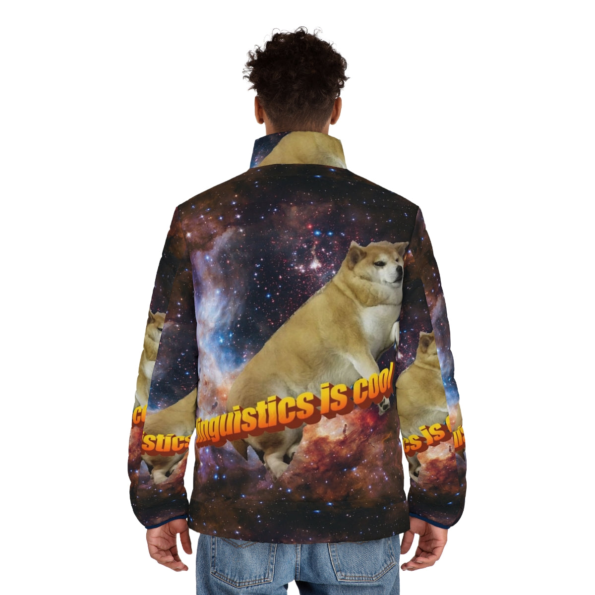 Linguistics themed puffer jacket with shiba inu graphic - men back