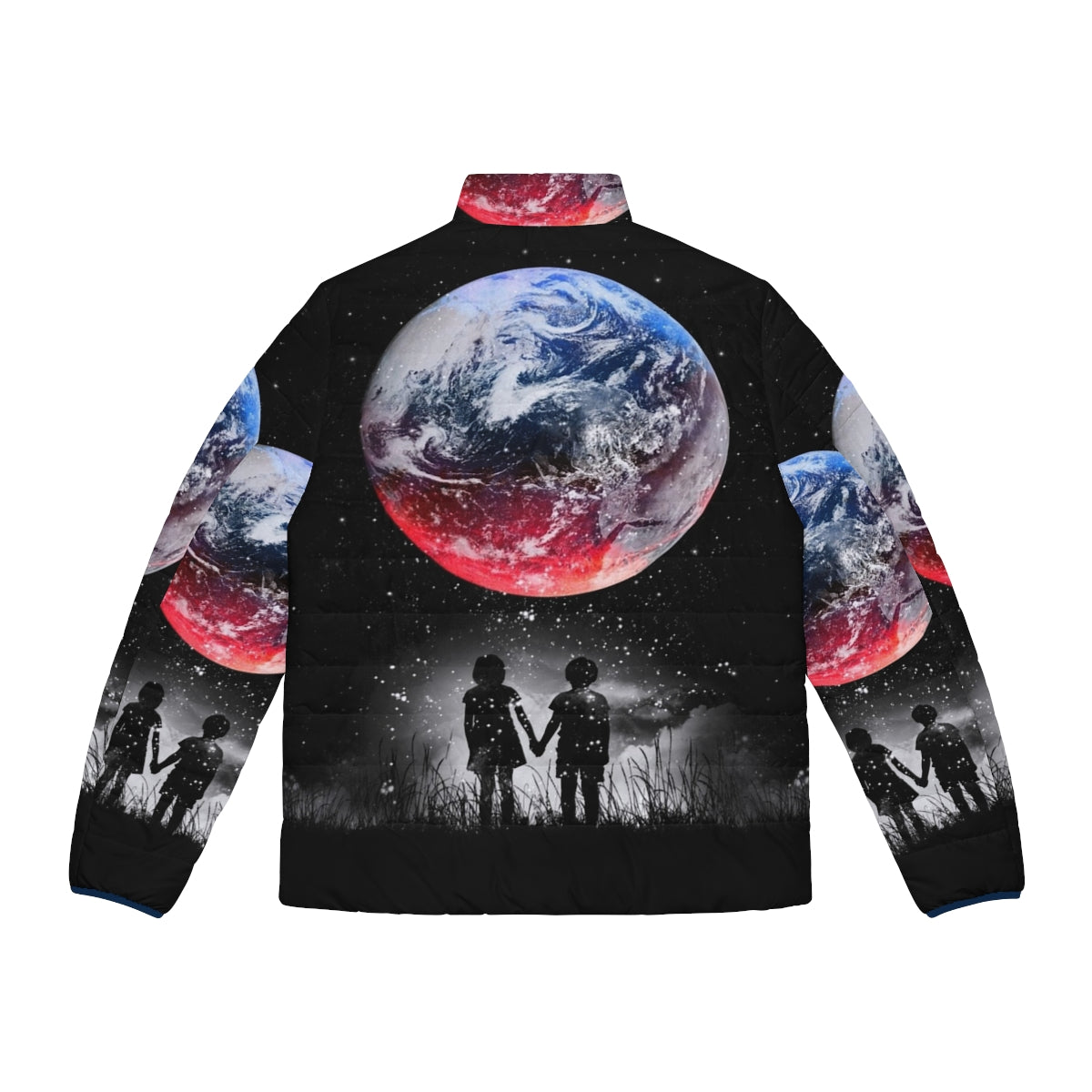 Model wearing a black puffer jacket with a space-themed design featuring stars, planets, and the universe - Back