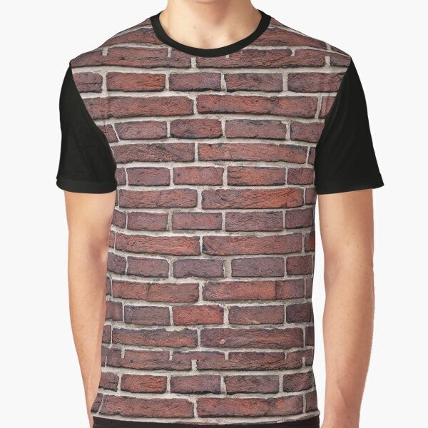 Brick wall graphic t-shirt with a solid, textured masonry pattern in red and grunge tones