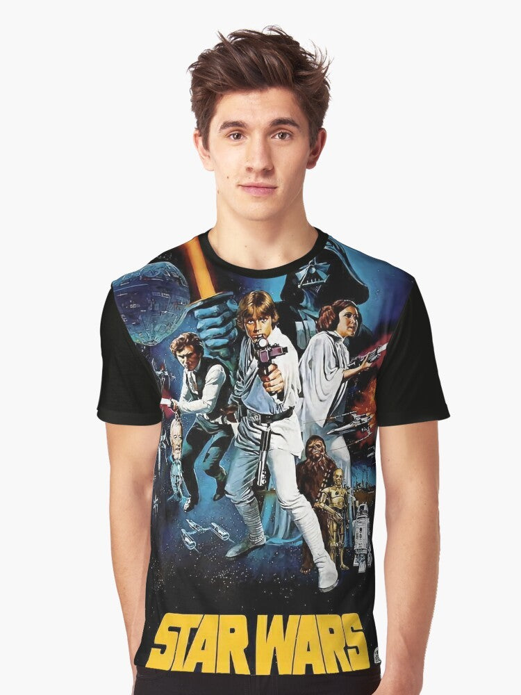 Man standing on the moon wearing a graphic t-shirt with a space-themed design - Men