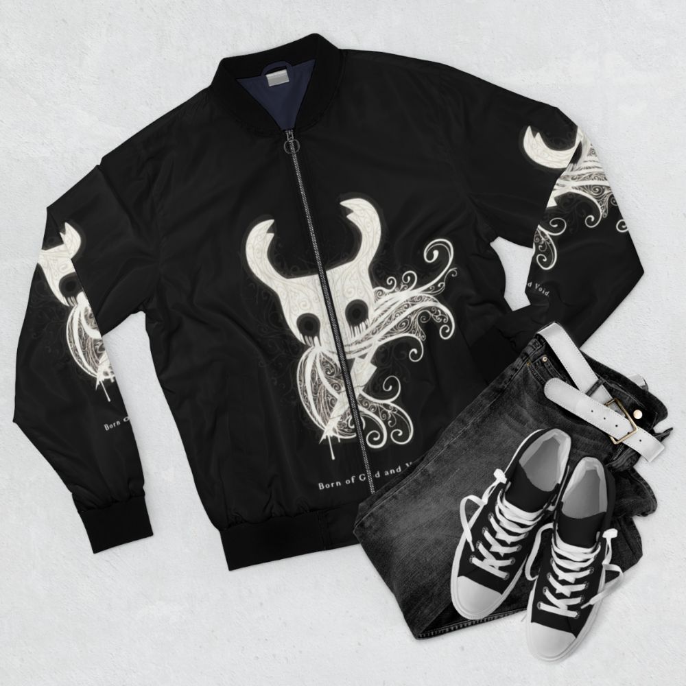 Hollow Knight "Born of God and Void" Bomber Jacket - Flat lay