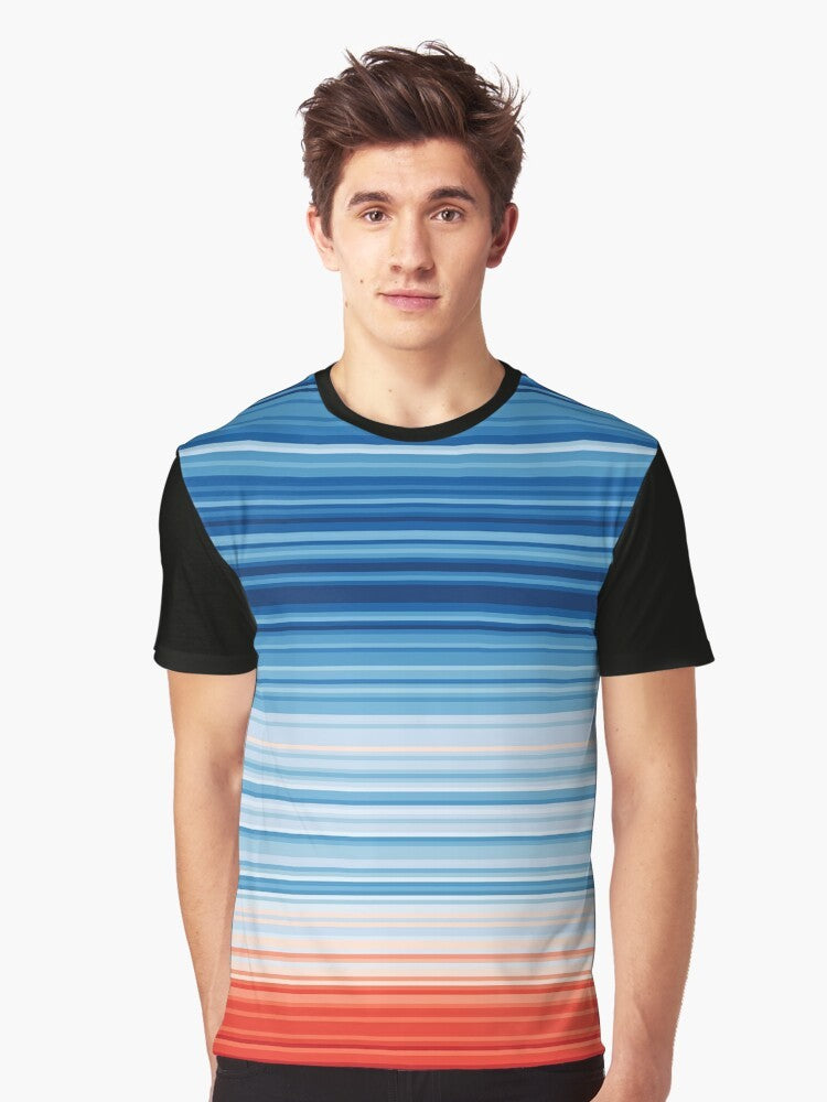 T-shirt with a graphic design featuring "Warm Stripes" and text related to climate change, global warming, and environmental activism. - Men