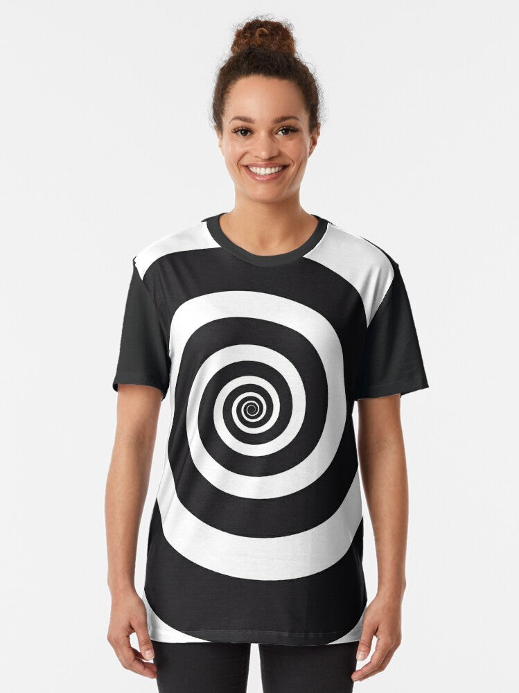 Spiral hypnotic visual illusion black and white graphic t-shirt design with mind control theme - Women