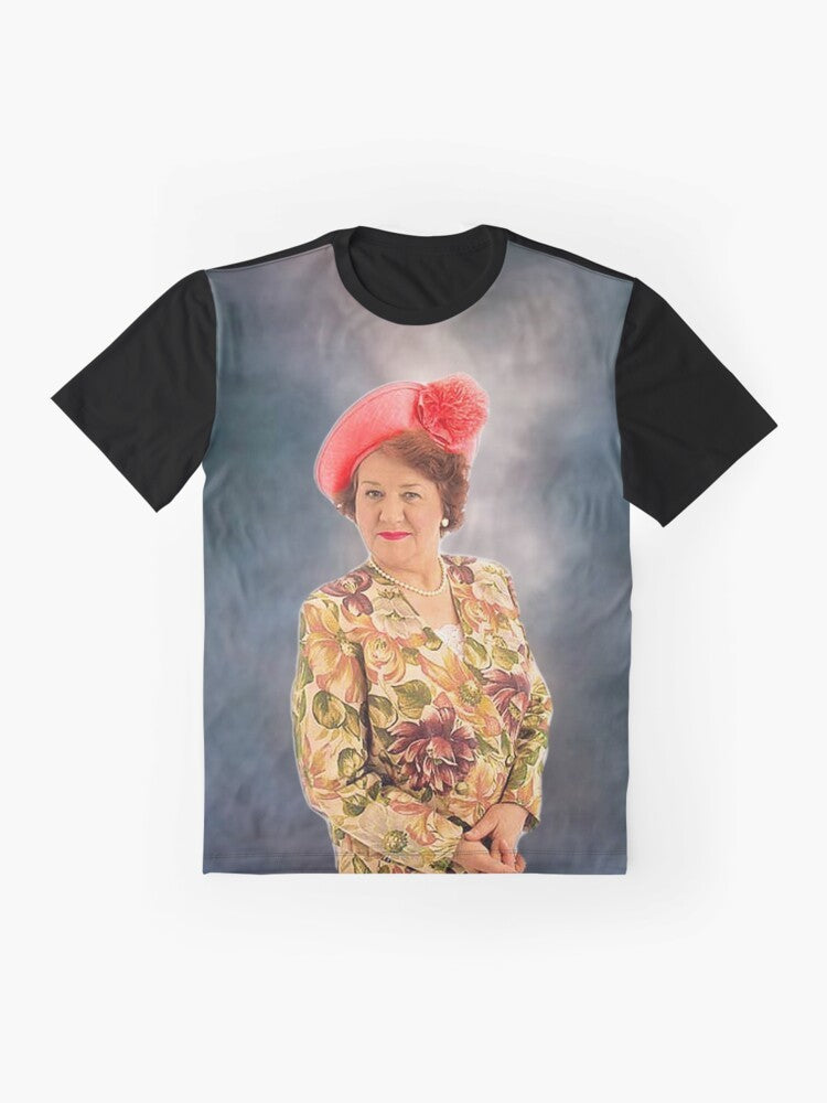 A graphic t-shirt featuring the iconic character Hyacinth Bucket from the British sitcom "Keeping Up Appearances". - Flat lay