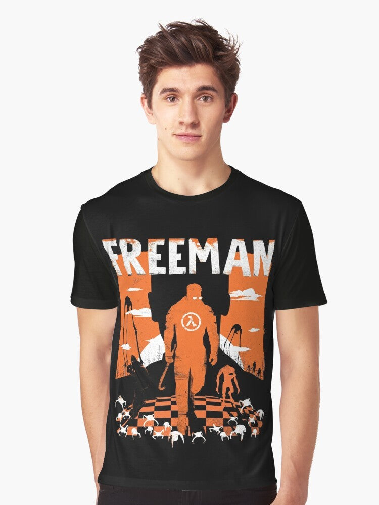 Vintage-style graphic t-shirt featuring the character Gordon Freeman from the Half Life video game series. - Men