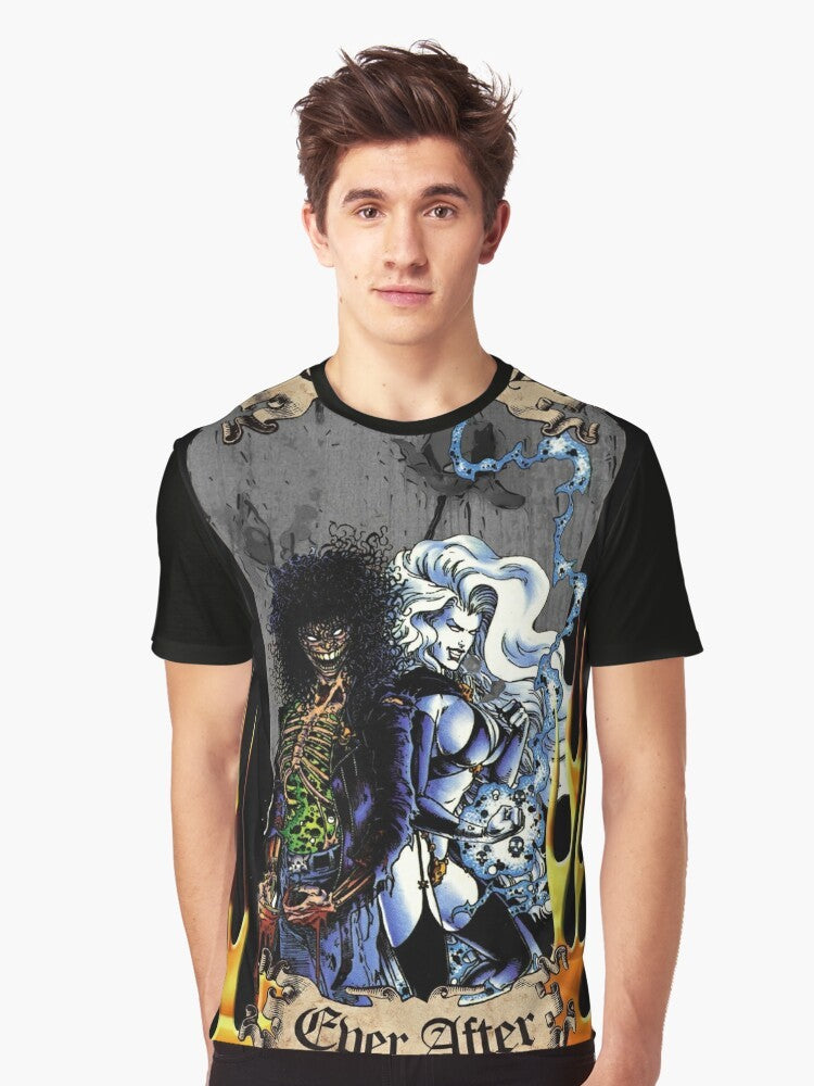 Graphic t-shirt featuring lady death and evil ernie with flames, fire, and a scroll banner - Men