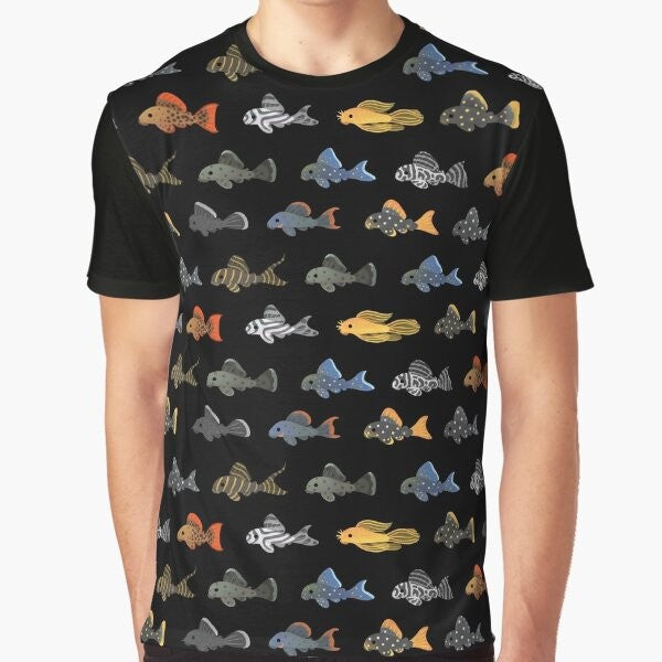 Plecostomus graphic t-shirt with a black background and white text