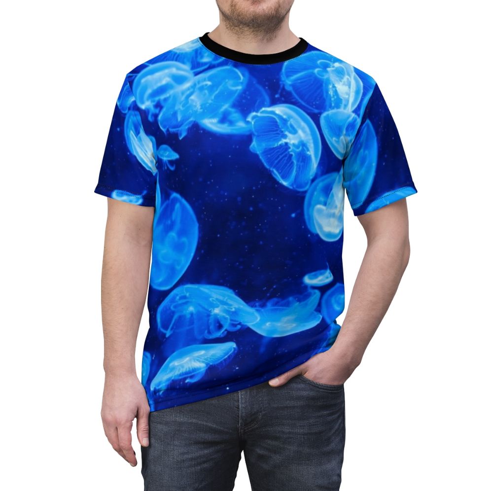 Stunning all-over print t-shirt featuring a colorful blue jellyfish design - men front