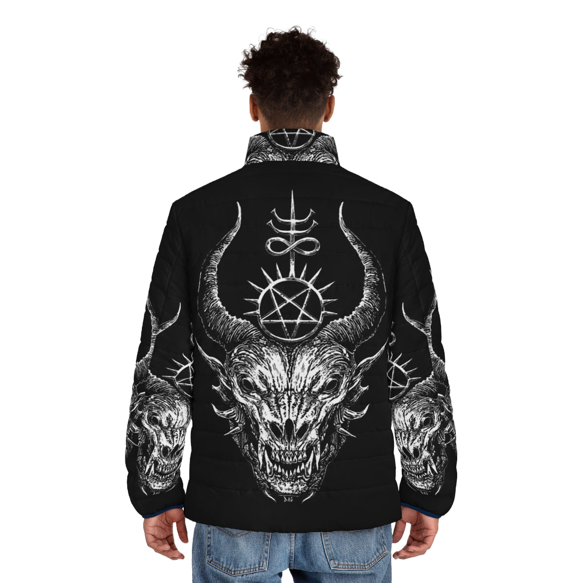 Dark puffer jacket with satanic and demonic design - men back