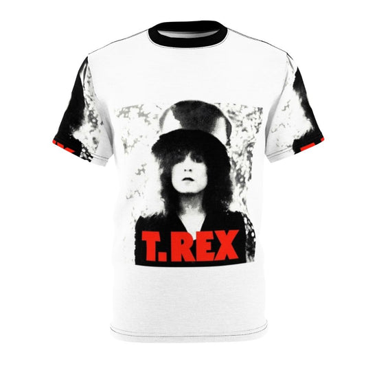 Retro psychedelic t-rex graphic t-shirt with a vintage vinyl, glam rock, and 70s music inspired design