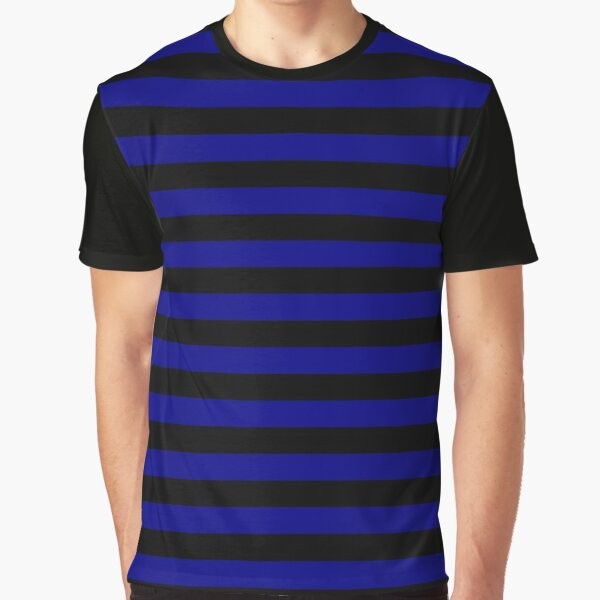 Royal blue and black horizontal striped graphic t-shirt