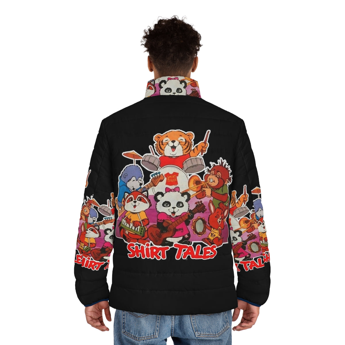 Retro 80s puffer jacket featuring Shirt Tales cartoon characters - men back