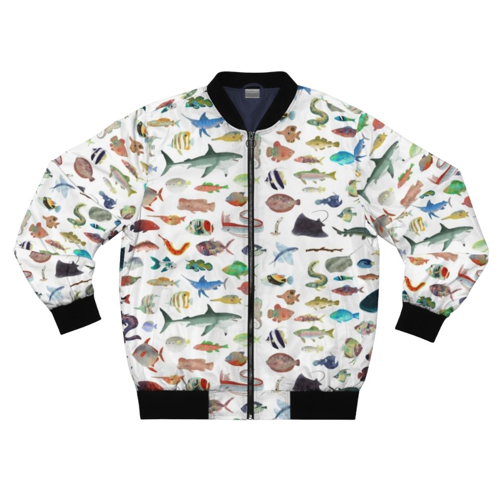 Bomber jacket featuring vibrant ocean life and marine animals like sharks