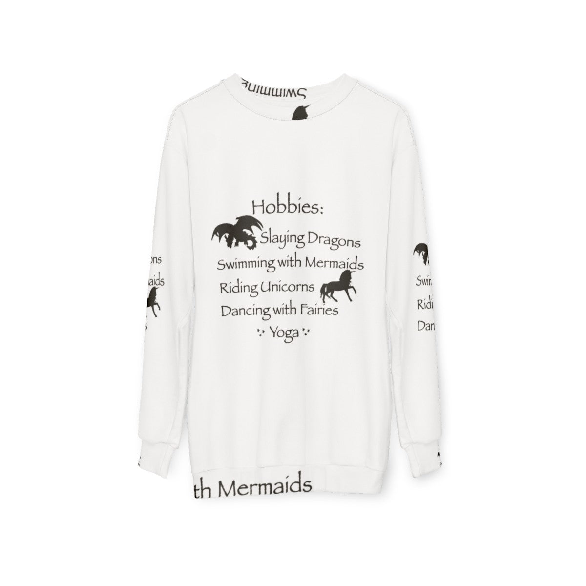 Magical hobbies sweatshirt featuring fantasy elements like dragons, mermaids, and fairies - hanging